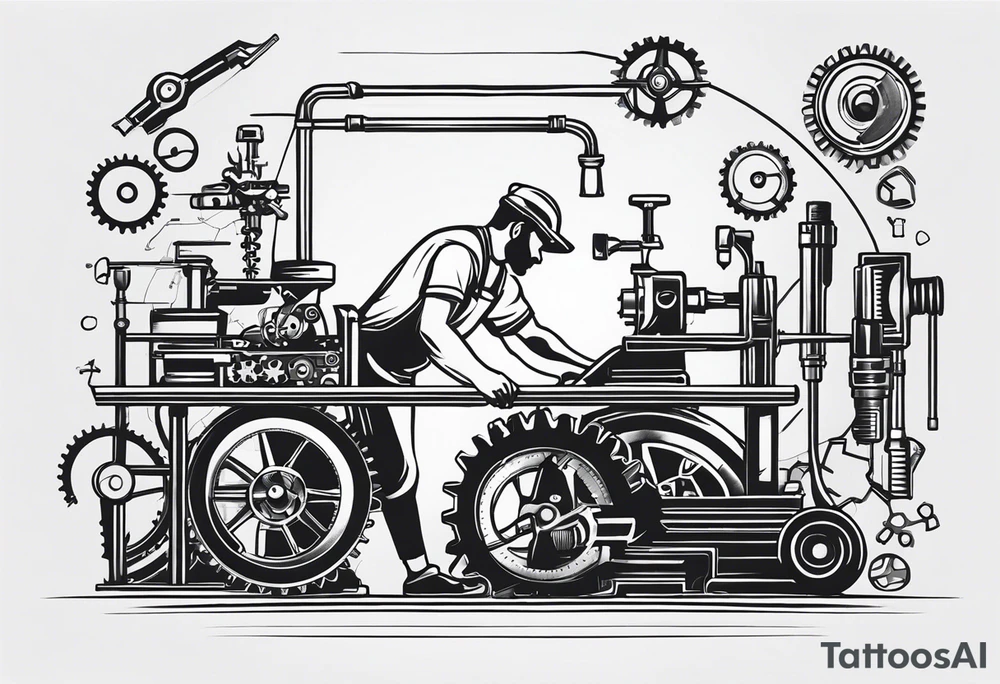 Create a BLACK and white drawing of a mechanic working on a machine, surrounded by mechanical elements like gears and tools. Clear lines, no shadows, no greys tattoo idea