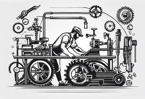 Create a BLACK and white drawing of a mechanic working on a machine, surrounded by mechanical elements like gears and tools. Clear lines, no shadows, no greys tattoo idea