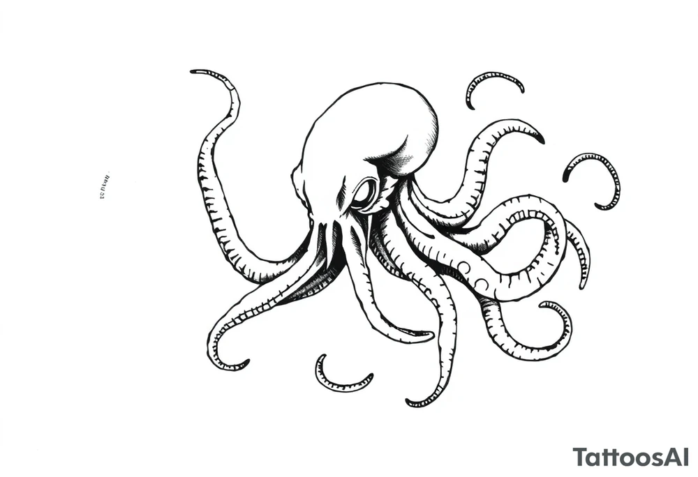 A minimalist blackwork tattoo design of an evil kraken The kraken is viewed from a 45-degree angle facing left, with its head centered. The tentacles extend only to the left and right, with none going downward beneath the head. The style is clean, fine-line detailing with bold outlines, avoiding heavy shading. The tentacles should be fluid, aggressive, and striking, enhancing the menacing and eerie look of the kraken while maintaining a cohesive design for a tattoo sleeve. tattoo idea