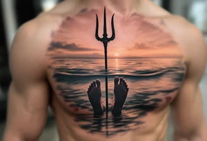 trident with bare feet half way under calm water at sunset tattoo idea