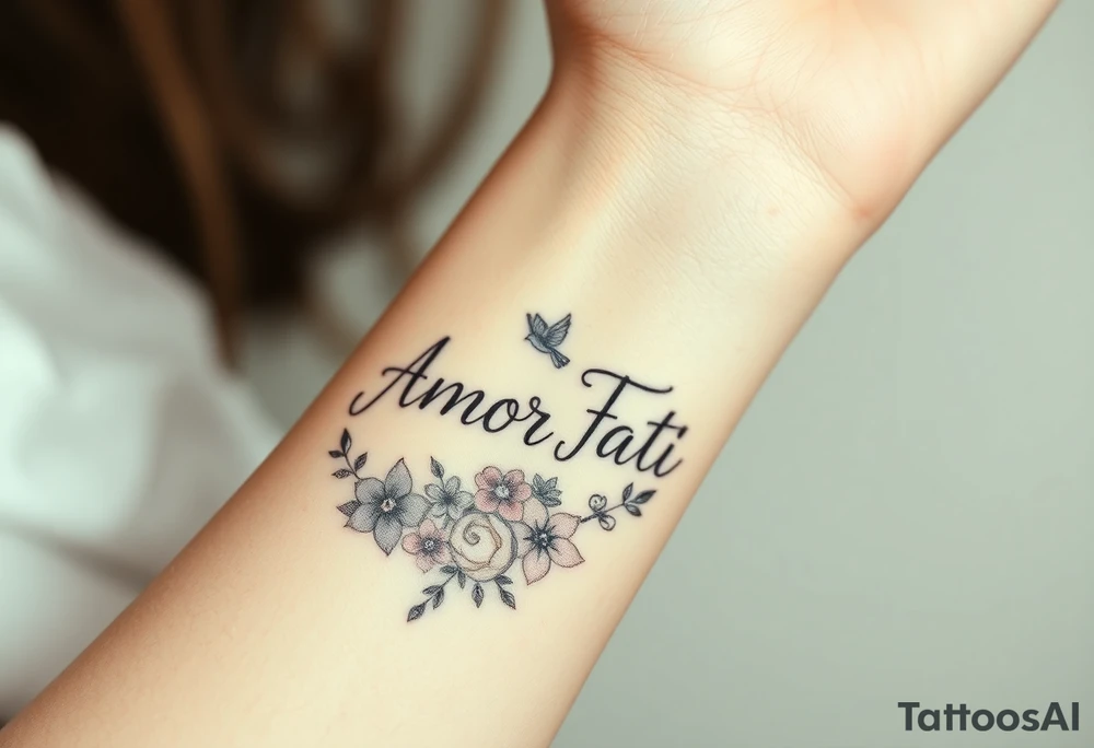 “Amor Fati” with small colorful flowers and birds tattoo idea