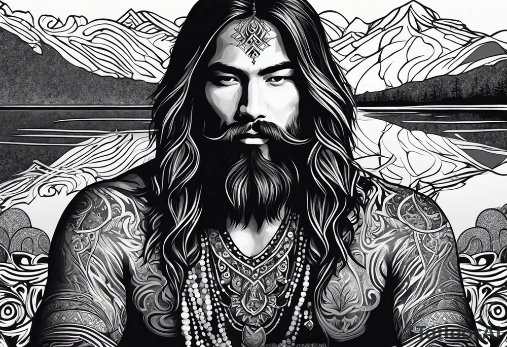 a meditating long haired man by the mountain river, the sky is covered with spiritual pattern tattoo idea