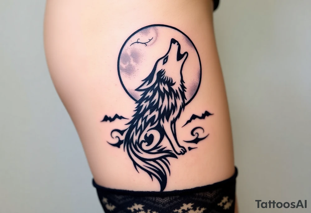 lone wolf howling at full moon with northern lights backdrop tattoo idea