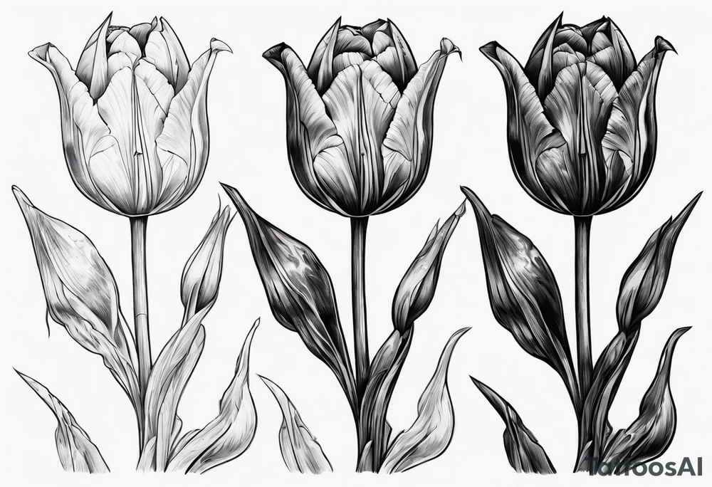 bunch of three tulips, one tulip with decay, one perfect tulip and one closed tulip, stem reflecting symbol of russian orthodox cross tattoo idea