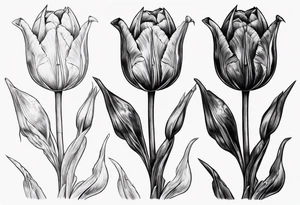 bunch of three tulips, one tulip with decay, one perfect tulip and one closed tulip, stem reflecting symbol of russian orthodox cross tattoo idea