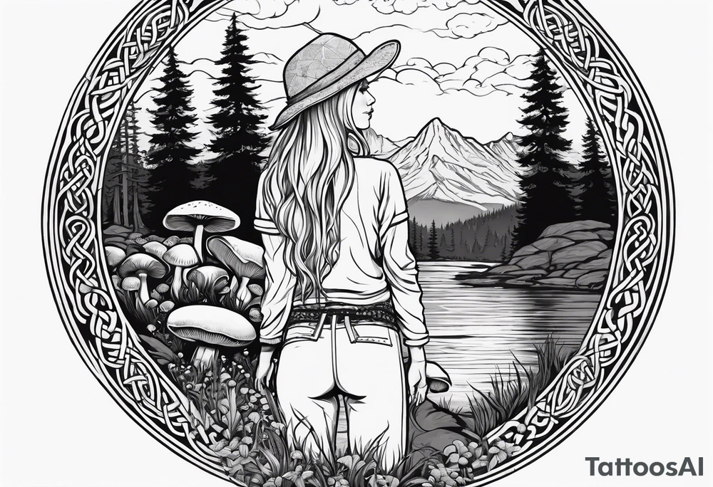 Whole picture encircled fully

Straight long blonde hair hippie girl in distance holding mushrooms in hand facing away toward mountains and creek surrounded by mushrooms long sleeve shirt and hiking pants; whole rendering within a full celtic circle, no cut off circle tattoo idea