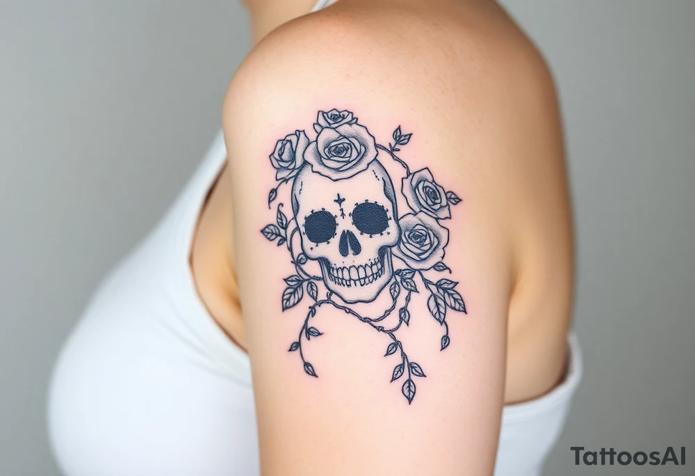 gothic skull intertwined with climbing roses and thorny vines tattoo idea