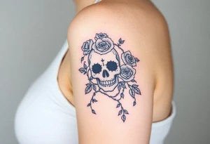 gothic skull intertwined with climbing roses and thorny vines tattoo idea