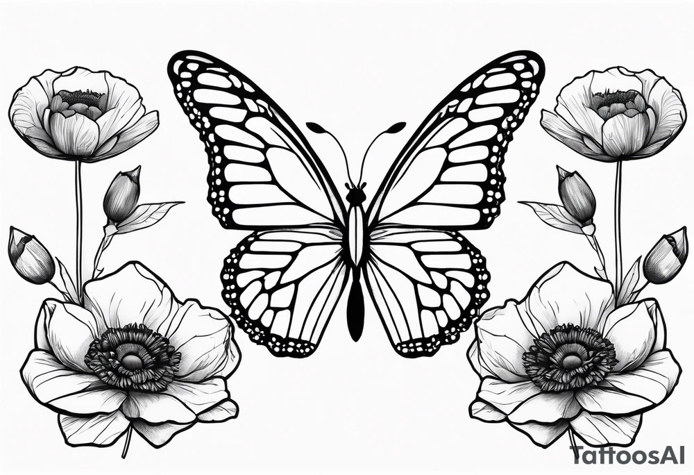 black and white fine line tattoo of a monarch butterfly with poppy flowers exclusively inside the top halves of the wings, featuring minimalistic lines and intricate details, while the bottom halves remain simple. tattoo idea