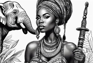 African woman warrior holding spear with deadlocks and earrings. With leafs and brids and Elephant in the background tattoo idea
