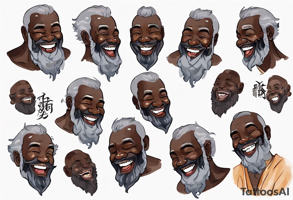 a stout man with dark skin with a grey beard laughing tattoo idea