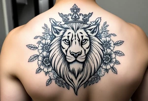 powerful majestic lion with a crown, surrounded by floral ornaments and birds tattoo idea