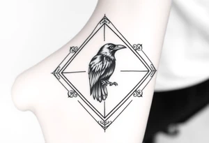 12 inch in length Geometric diamond with lines and designs going around with a big detailed crow in center with a lot of shading tattoo idea