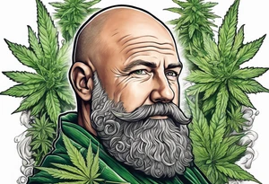 very big bald irish guy with beard and sitting on a cannabis plant tattoo idea