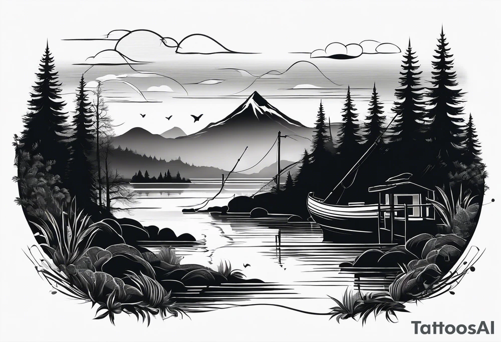 silhouette of landscape and fishingpole and line tattoo idea