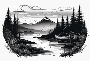 silhouette of landscape and fishingpole and line tattoo idea