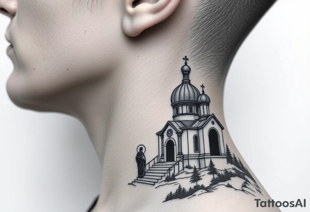 russian design traditional virgin mary stood beside the entrance of a russian orthodox dome church on the side of the neck in a wilderness setting with the design spread out the side of the neck tattoo idea