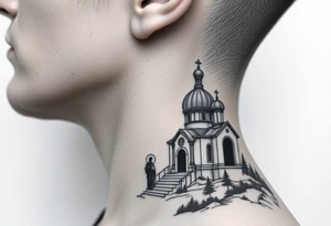 russian design traditional virgin mary stood beside the entrance of a russian orthodox dome church on the side of the neck in a wilderness setting with the design spread out the side of the neck tattoo idea