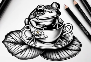 A frog on a lily pad drinking a cup of tea with one pinky up. tattoo idea
