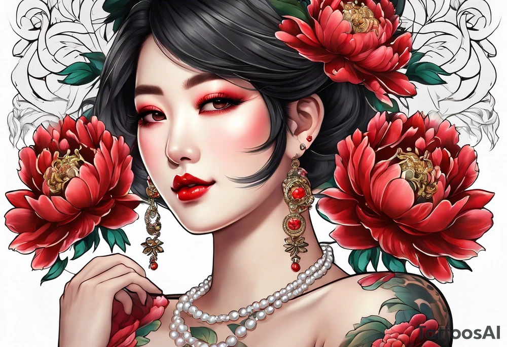 Red peony with dangling pearl necklace and rabbit tattoo idea