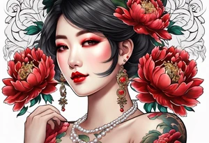 Red peony with dangling pearl necklace and rabbit tattoo idea