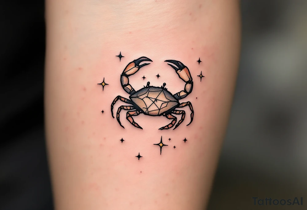 A tiny crab outlined in black anchors the Cancer star constellation traced in twinkling pastel stars. tattoo idea