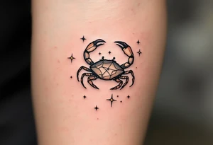 A tiny crab outlined in black anchors the Cancer star constellation traced in twinkling pastel stars. tattoo idea