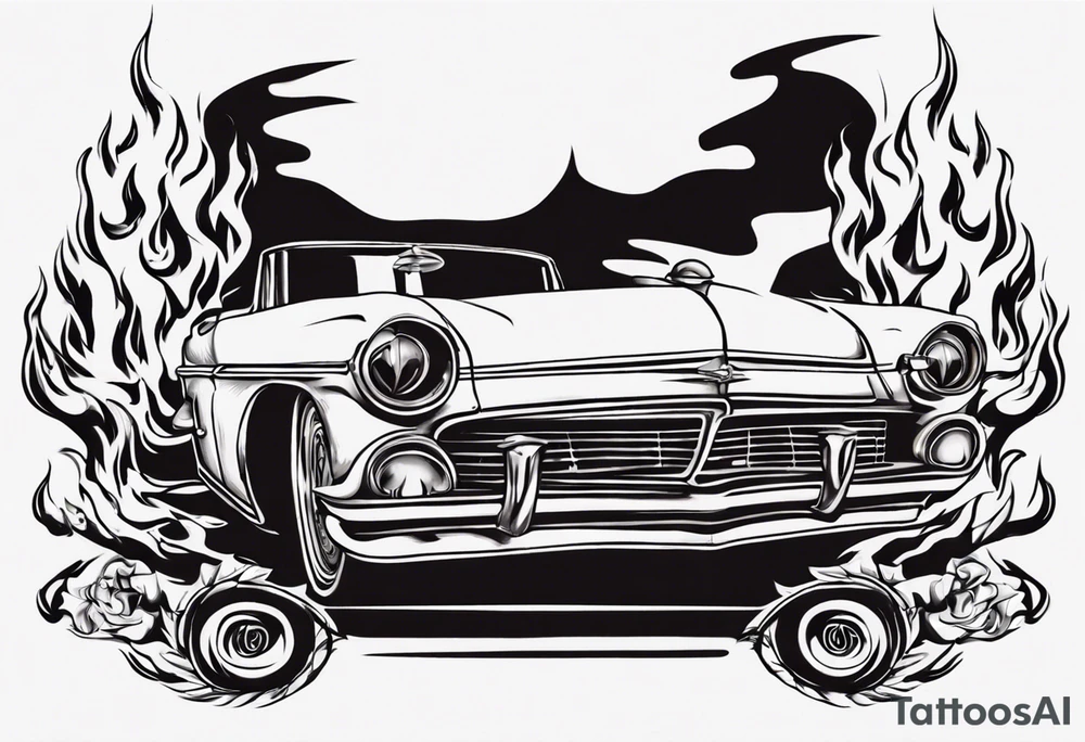 An old vintage classic car with flames coming out of the hood and a skeleton head at the top of the flames tattoo idea