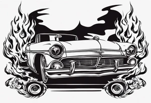 An old vintage classic car with flames coming out of the hood and a skeleton head at the top of the flames tattoo idea
