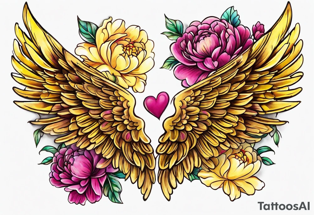 beautiful golden yellow angel wings with colorful hot pink, burgundy, peonies. beautiful flilligree in the background , full color tattoo idea
