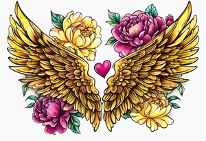 beautiful golden yellow angel wings with colorful hot pink, burgundy, peonies. beautiful flilligree in the background , full color tattoo idea