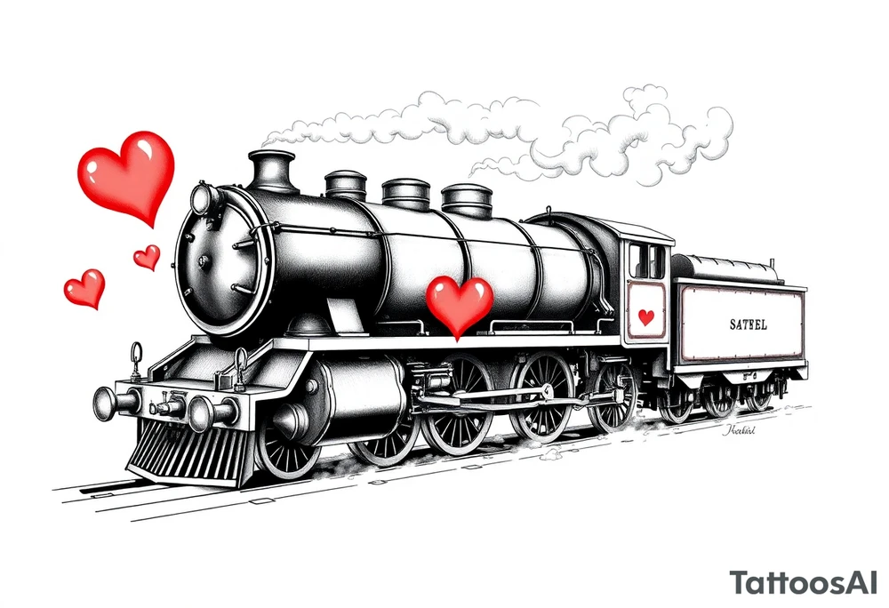 The steam locomotive has red hearts instead of smoke tattoo idea