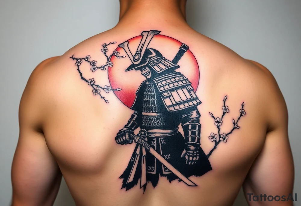 noble samurai warrior silhouette at sunset with cherry blossoms tattoo idea