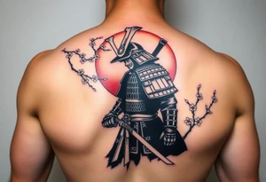 noble samurai warrior silhouette at sunset with cherry blossoms tattoo idea