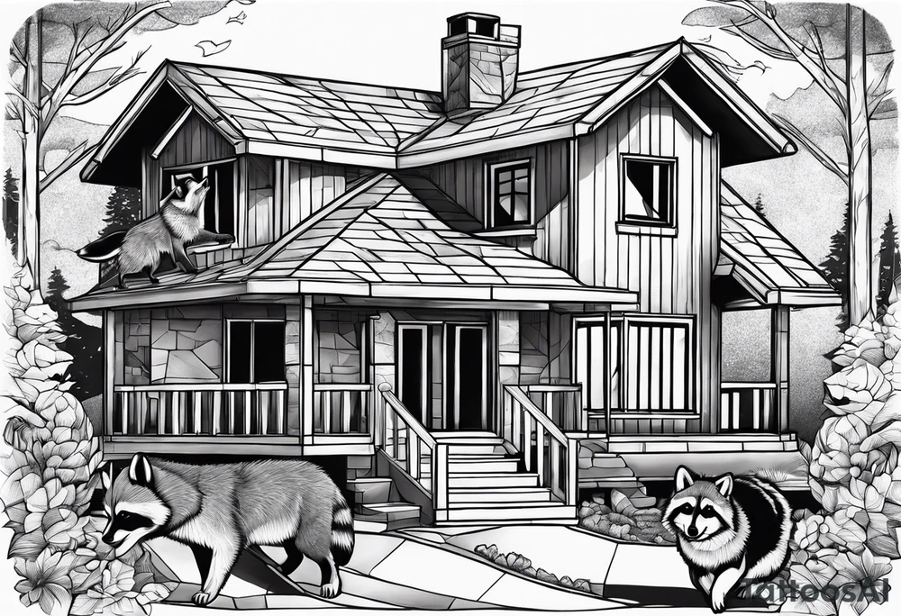 Raccoon and Wolf playing in Front of their New house tattoo idea