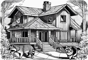 Raccoon and Wolf playing in Front of their New house tattoo idea