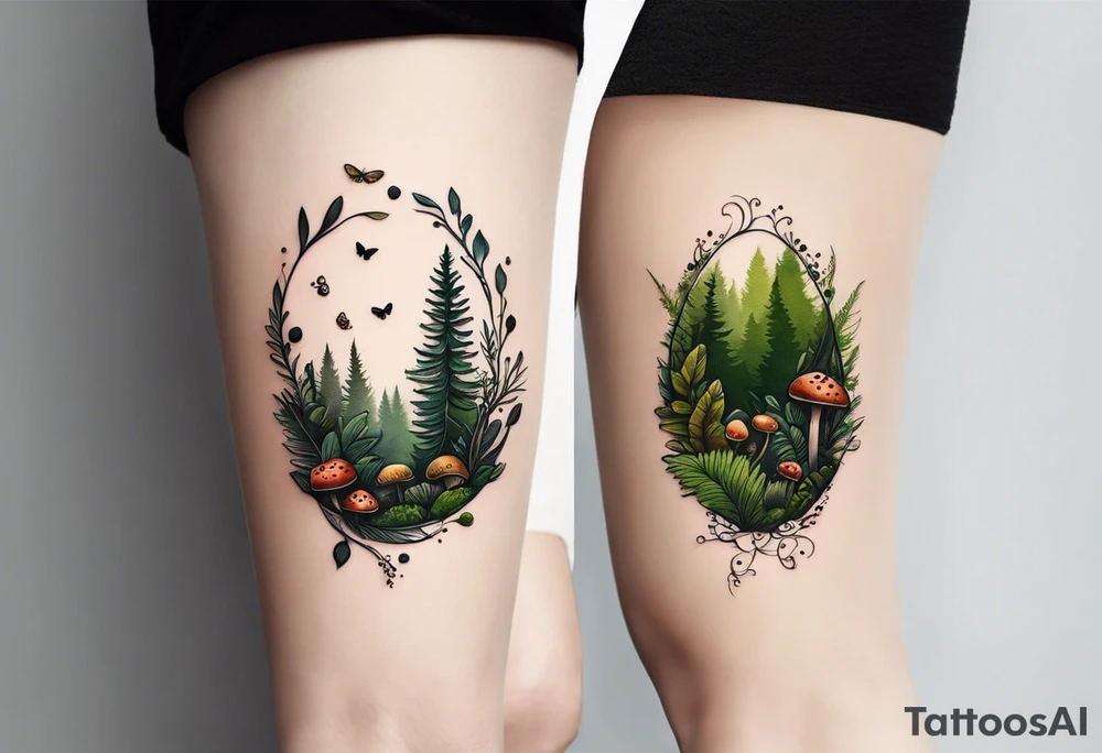 minimalistic forest floor inspired tattoo, which includes grass, moss, curly ferns and dead leaves as the bulk of the tattoo. details to include: forest berries, couple of very small brown mushrooms, a tiny bumblebee flying nearby tattoo idea