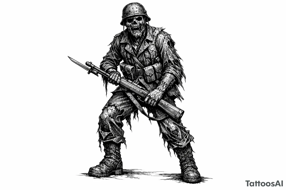 Full body zombie soldier, tattered uniform, bayonet fixed rifle, dark fantasy art. tattoo idea
