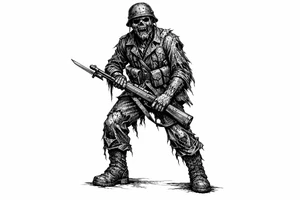 Full body zombie soldier, tattered uniform, bayonet fixed rifle, dark fantasy art. tattoo idea