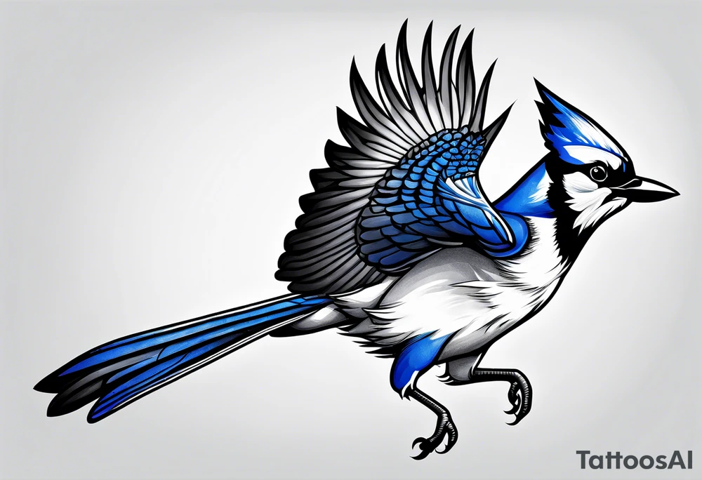 Strong blue jay bird in flight downwards tattoo idea
