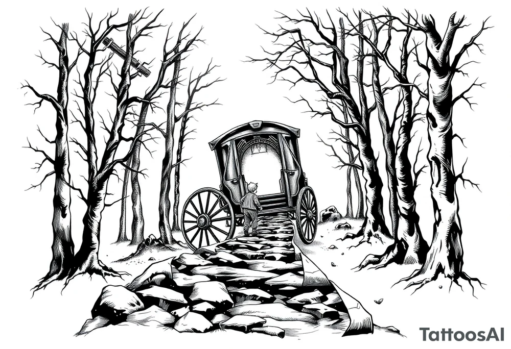 A boy walking up a forest path, DnD inspired, broken down carriage, tavern, glowing tunnel tattoo idea