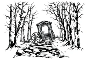 A boy walking up a forest path, DnD inspired, broken down carriage, tavern, glowing tunnel tattoo idea