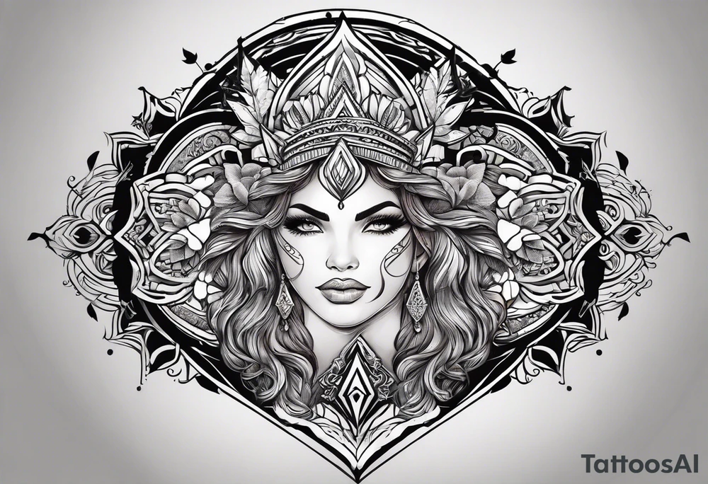 Oxum Opará. Cabeça com
coroa e contas, cabelo em trança. Mão esquerda
com Abebé (espelho), mão direita com adaga.
Posicionada aos pés de uma cachoeira. tattoo idea