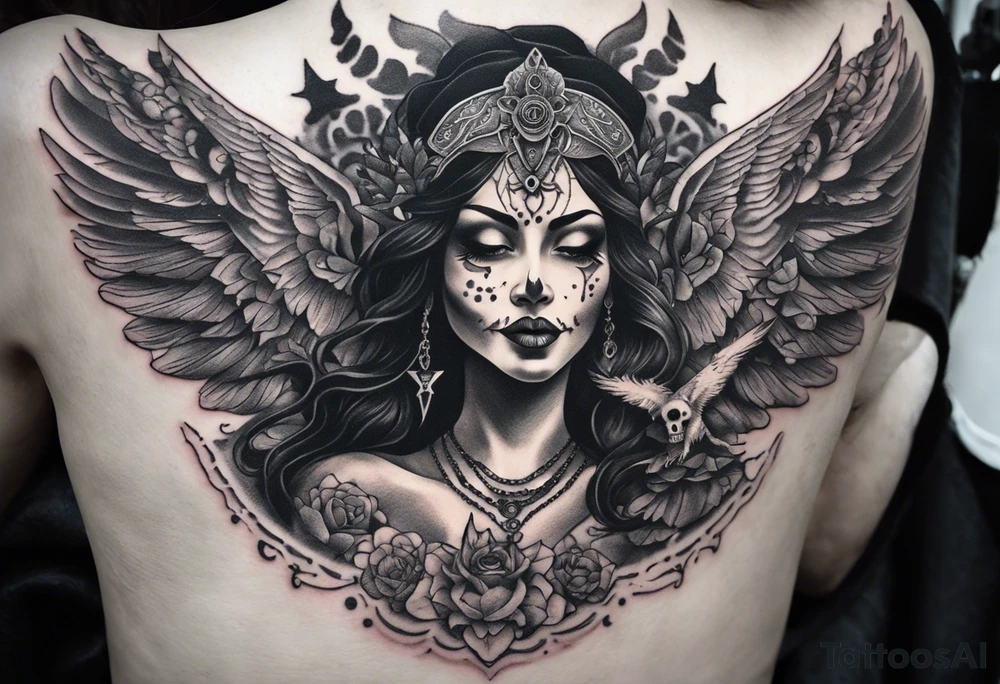 black kali, goddess pirate, alien, angel, pachamama, valkrye, warrior, flying, skull, lotus azul, wing, eagle, zenza resonance, stars, 5D, anahata chakra, death, durga, riding on a tiger, flying lady, kundalini, chest tatoo, rebel tattoo idea