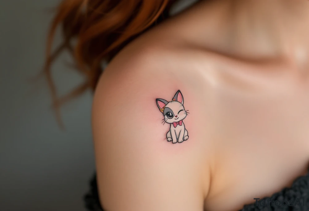 Classic Marie Portrait – A delicate tattoo of Marie sitting with her signature pink bow and collar, white fur perfectly groomed, with her head tilted playfully to the side. tattoo idea