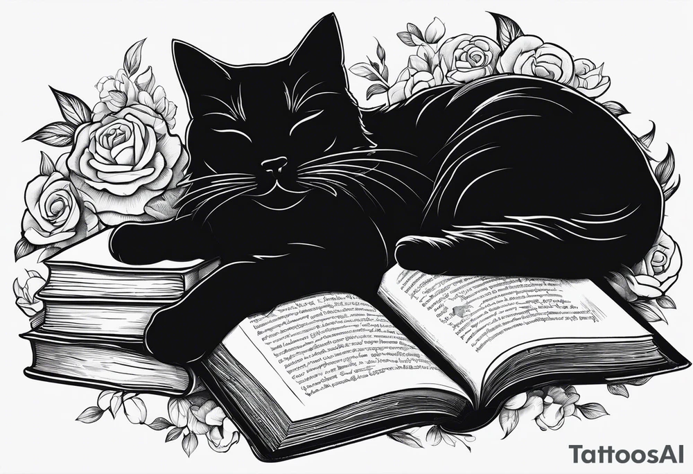 black sillhouette cat sleeping with a book sleeve tattoo tattoo idea