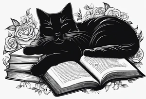 black sillhouette cat sleeping with a book sleeve tattoo tattoo idea