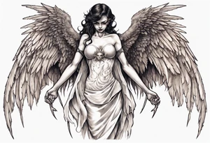 Demon holding an angel around her waist with her Hali in his hands. He has angel wings, she has demon wings. tattoo idea