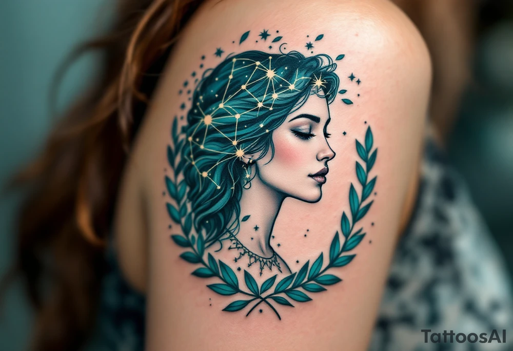 A cosmic Virgo constellation etched in teal above the profile of a woman surrounded by olive leaves. tattoo idea