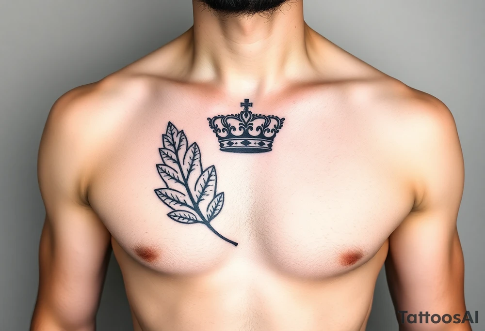 Chest tattoo, two bay leaf and crown between tattoo idea
